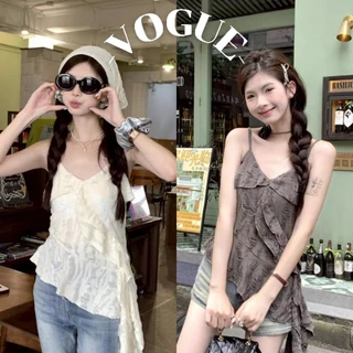 Vogue🌟พร้อมส่ง🌟 เสื้อสายเดี่ยว ผ้าพริ้วไหว ลายมัเย้อนสีพื้น (56509)