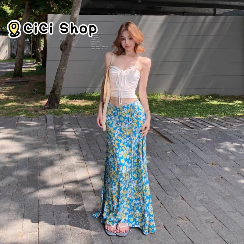 Cicishop(2531) กระโปรงยาวลายดอกไม้สีฟ้า มีซับใน ซิบข้าง มีสายผูกไขว์ สไตล์วันหยุดริมทะเล