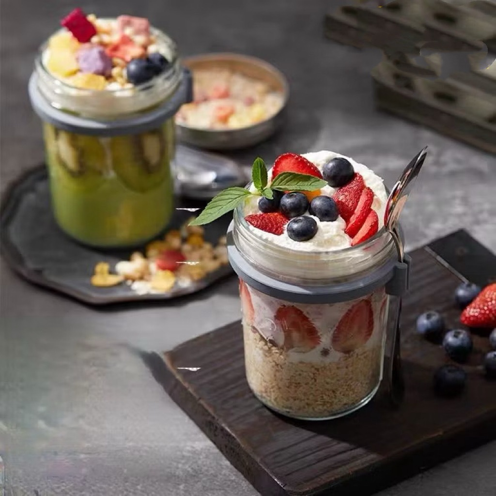 แก้วอาหารเช้า 350ml แก้วปิดผนึกแบบพกพา มีฝาปิดและช้อน Light Eating ชามสลัดถ้วยสุญญากาศซีเรียล - 1