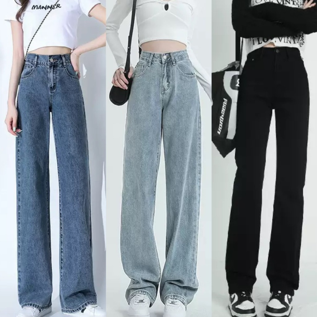 S-5XLกางเกงยีนส์ขายาวทรงกระบอก เอวสูง สีพื้น นื้อผ้ายีนส์ไม่ยืด