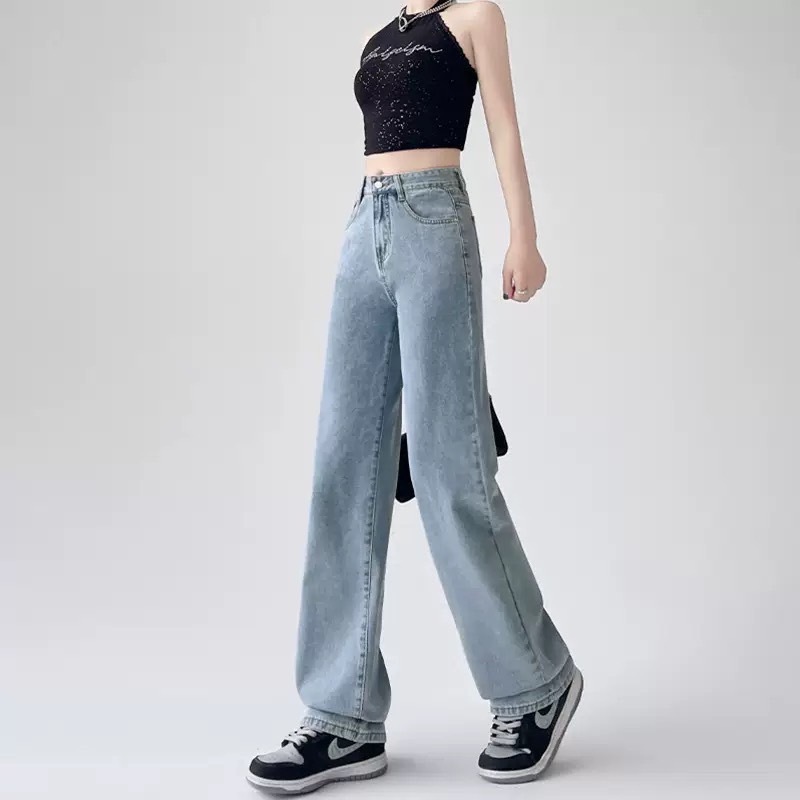 S-5XLกางเกงยีนส์ขายาวทรงกระบอก เอวสูง สีพื้น นื้อผ้ายีนส์ไม่ยืด - รูปที่ 5