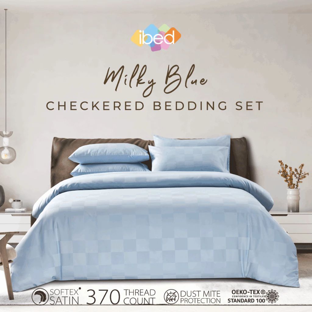 ibed ชุดผ้าปูที่นอนทอลายครบเซ็ท Softex Satin (ลายตาราง) Milky Blue - CHECKERD COLLECTION