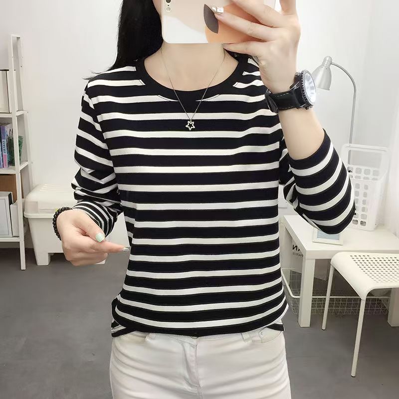 เสื้อยืดคอกลม เสื้อยืดลำลองเสื้อแขนยาวผู้หญิง ผ้ายืด สไตล์เกาหลี