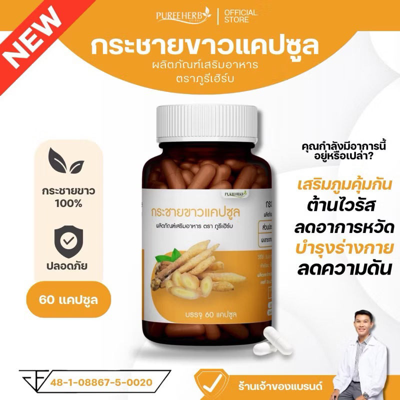 กระชายขาวแคปซูล ตราภูรีเฮิร์บ 60 แคปซูล - เสริมภูมิคุ้มกัน หวัด (ส่งจากกรุงเทพ)