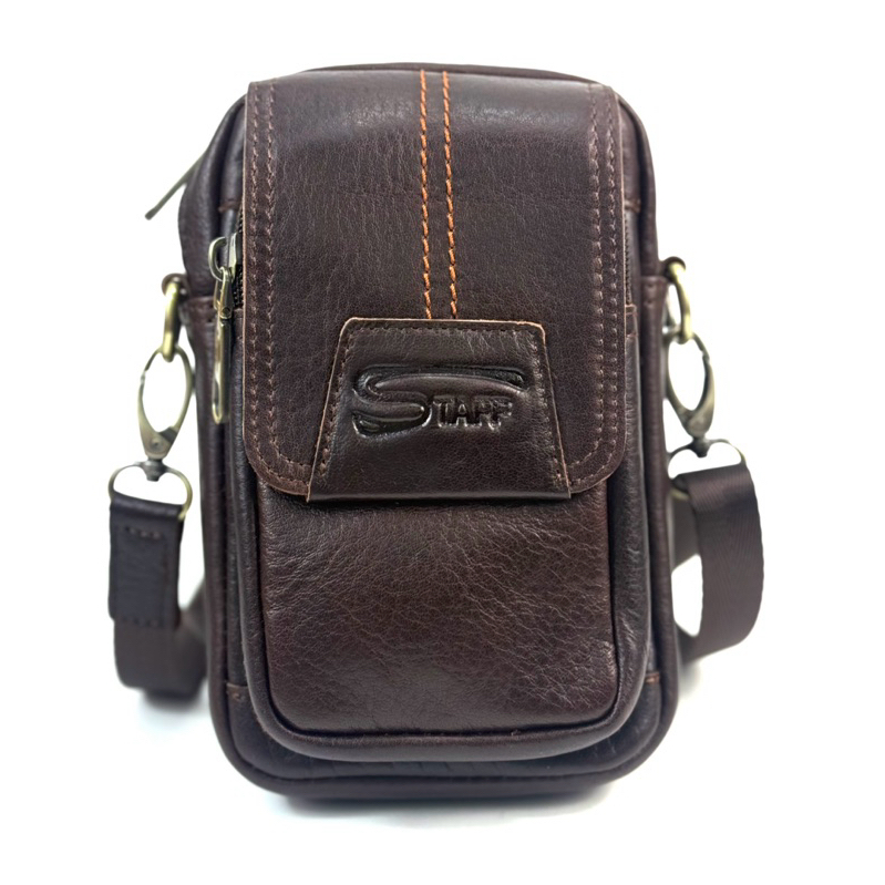 Chinatown leather กระเป๋ามือถือหนังวัวแท้ร้อยเข็มขัดสีน้ำตาลสะพายได้ สะพายยาวได้ ถอดสายได้ คาดเอวได้