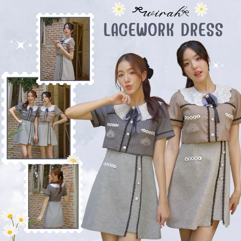 「 Wirah_Brand 」DW112 Lacework Dress : ชุดเดรส ท่อนบนผ้าทวิตทอสลับสีลายริ้วแนวยาว ปกสำเร็จลูกไม้ปัก