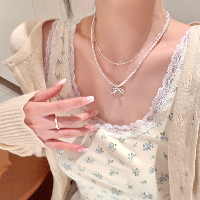 สินค้าพร้อมส่ง สร้อยรุ่นDouble Layer Pearl Bow Necklace
