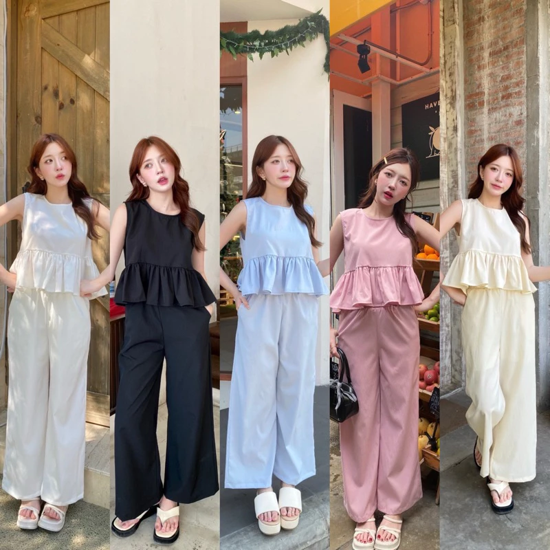 Teera❤️พร้อมส่ง✨2ชิ้น💗🧁ชุด Set ผ้าครัชและผ้าลินินตัวเสื้อแต่งระบายแขนกุดมินิมอล+กางเกงมีกระเป๋าล้วงสองข้าง nanny