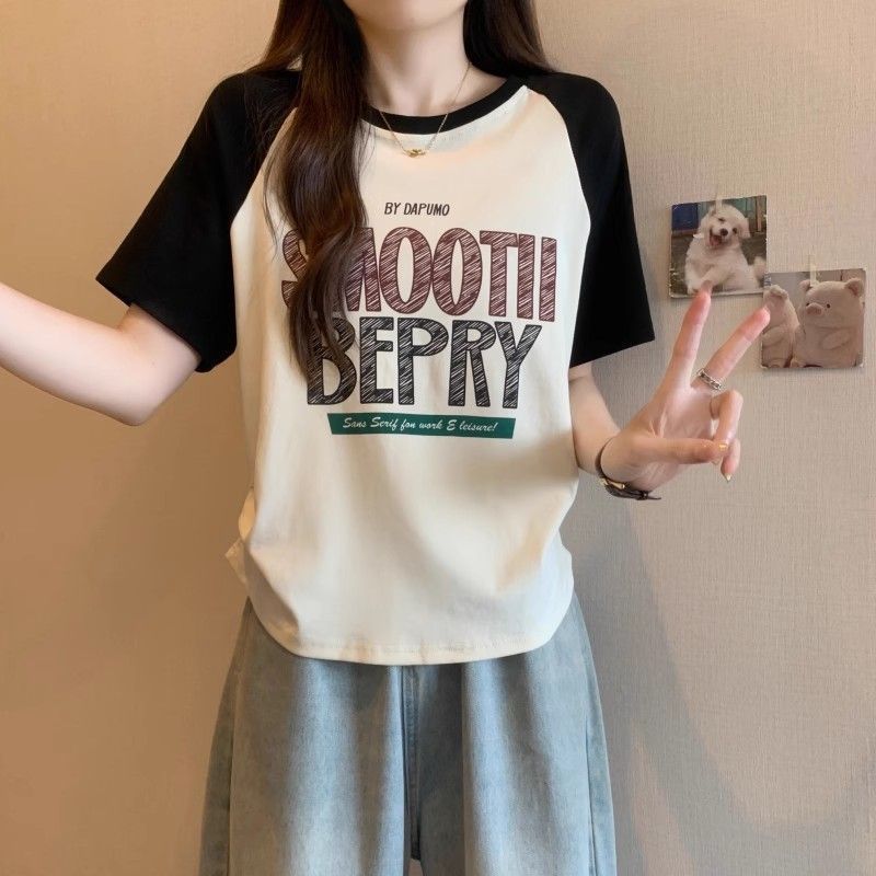 เสื้อครอปน่ารักสไตล์เกาหลี oversize เสื้อผ้าสาวอวบไซซ์ใหญ่ เสื้อยืดสวยๆผู้หญิงฤดูร้อนแฟชั่นมาใหม่ สีทูโทน แขนสั้นแบบหลวม