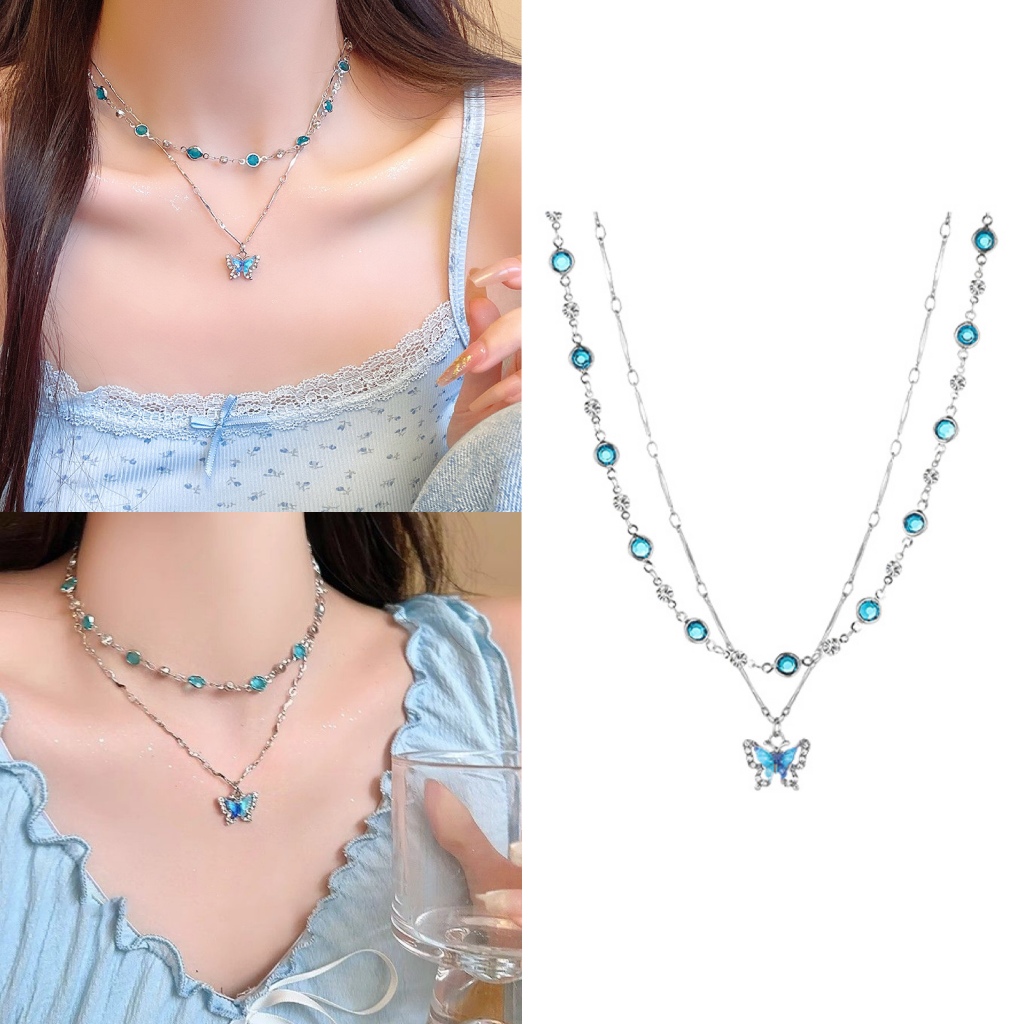 สร้อยคอ สร้อยคอแฟชั่น ประดับเพชร จี้เพทาย จี้ผีเสื้อ ของขวัญ สองชั้น ส่งเร็ว