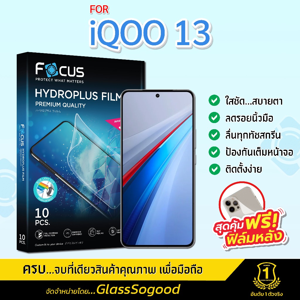Focus ฟิล์มไฮโดรพลัส สำหรับ iQOO 13 พร้อมฟิล์มเคฟล่าหลังเครื่อง