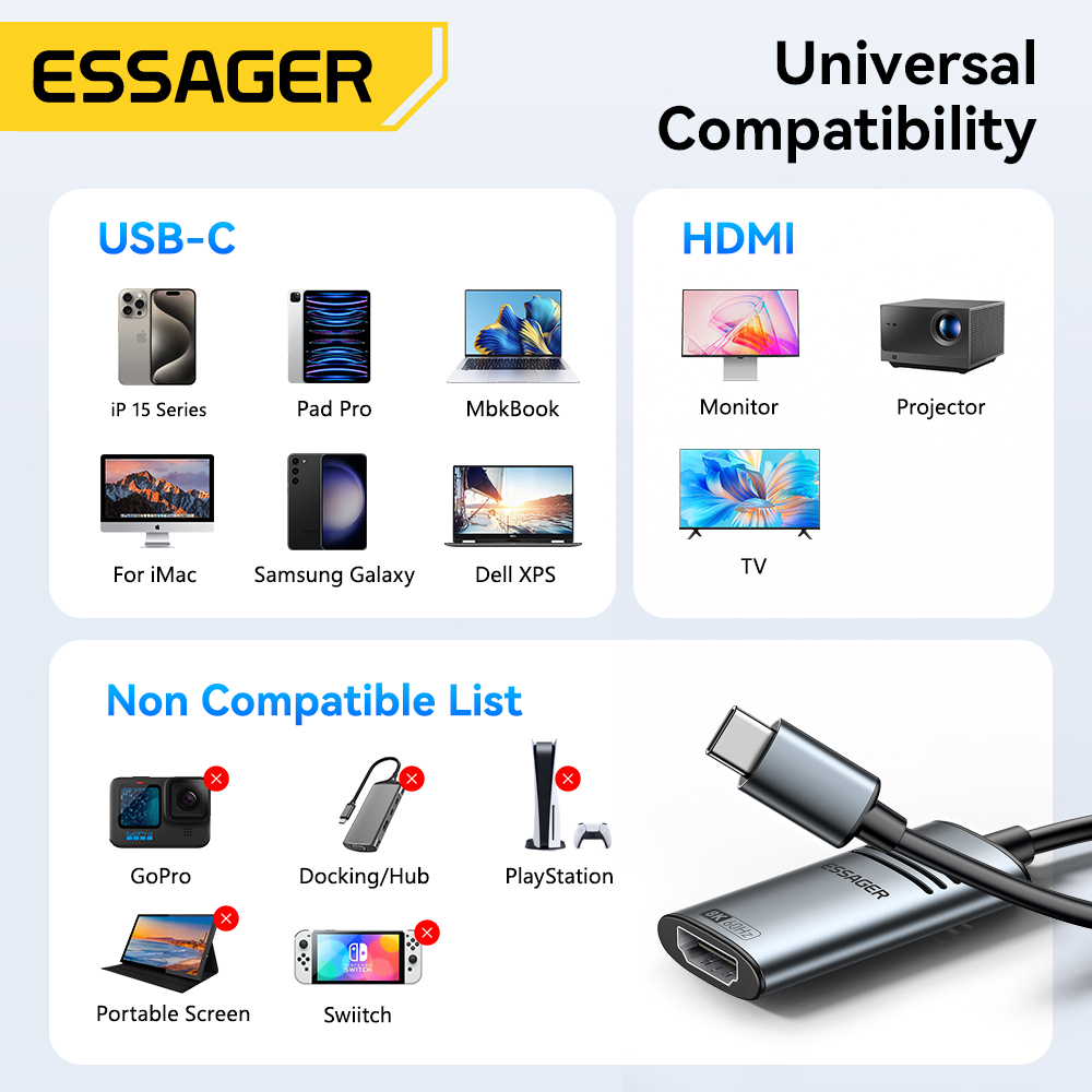 Essager อะแดปเตอร์แปลงสัญญาณ  HDM เป็น Type C 8K@60Hz สำหรับโทรศัพท์มือถือและคอมพิวเตอร์ - รูปที่ 3