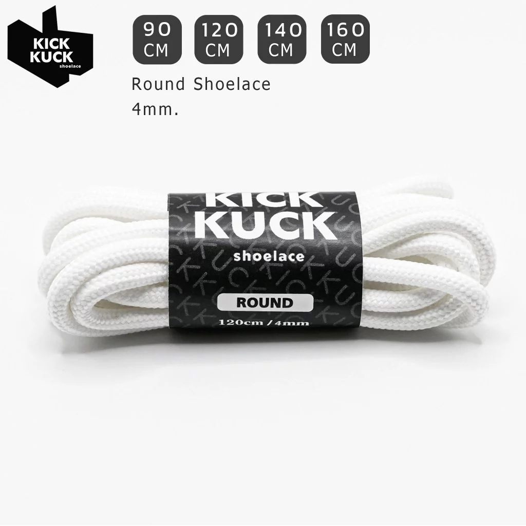 (แน่นละเอียด ไม่ย้วย ) เชือกรองเท้าสีขาว (Kickkuck) ทรงกลม สำหรับรองเท้ากีฬาและลำลอง 90,120,140,160cm.