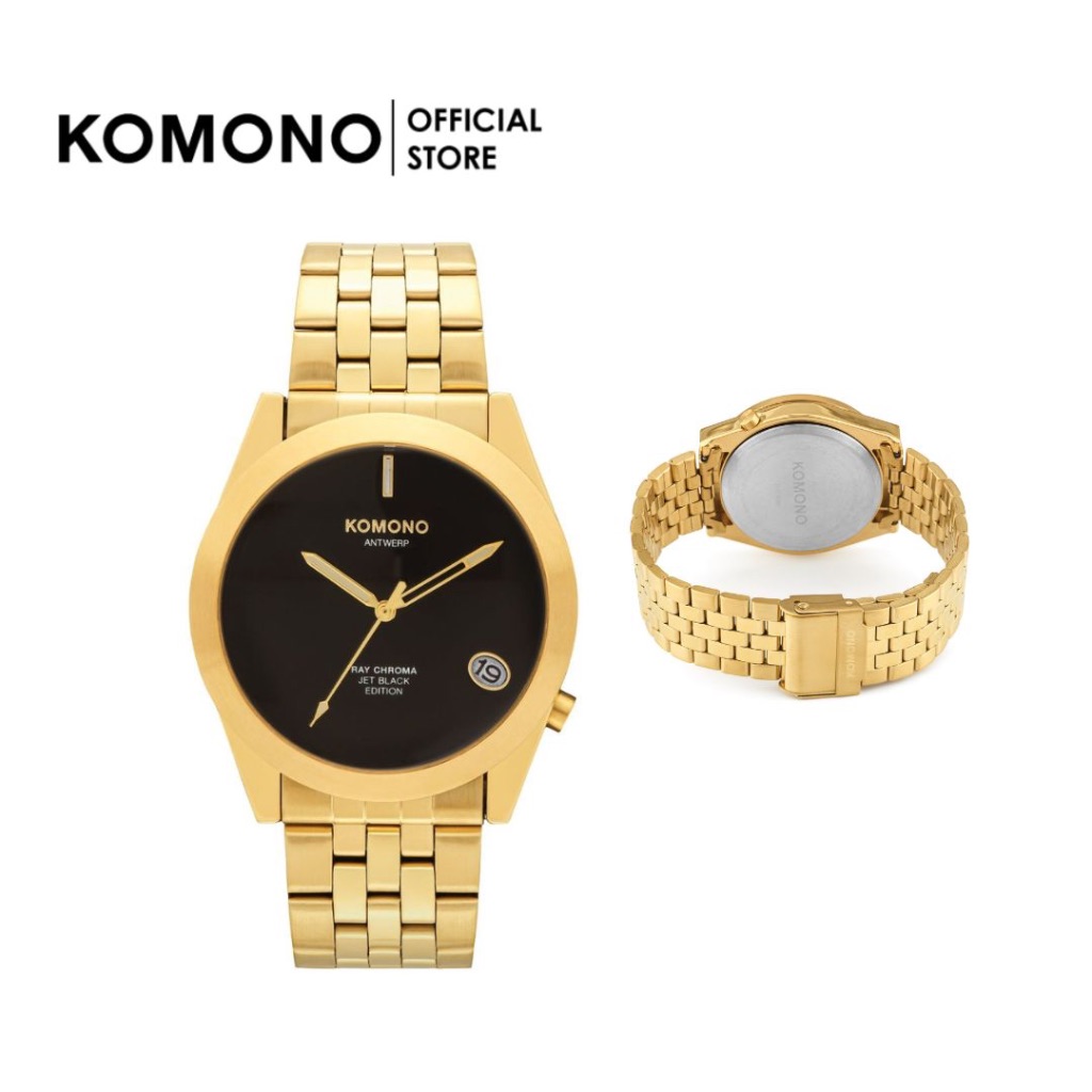 KOMONO Watch Ray Chroma Estate Gold Jet นาฬิกาผู้ชาย มีวันที่ สายโลหะ หน้าปัดสีดำ