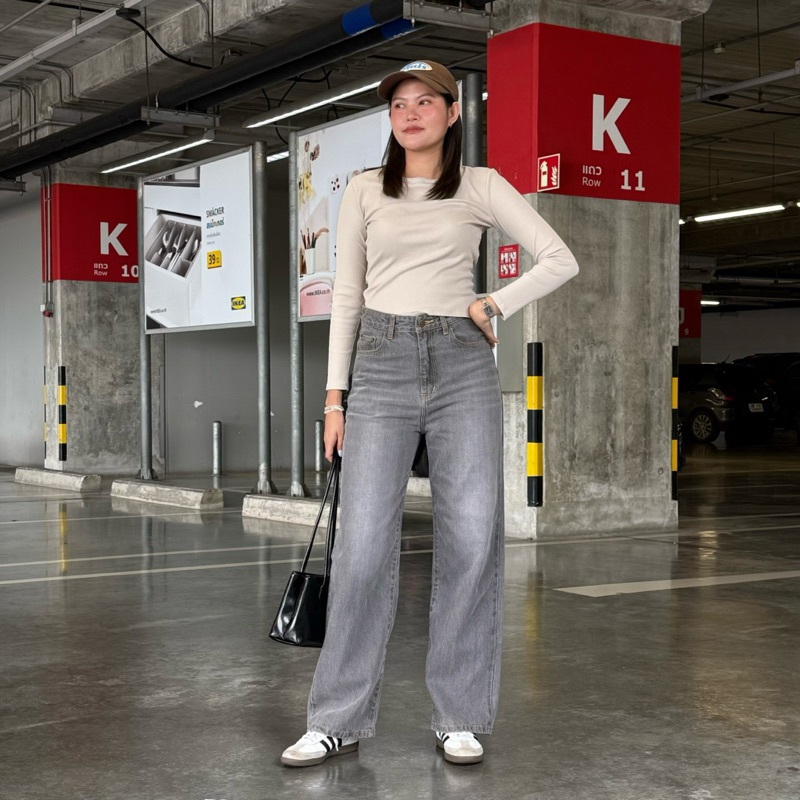 ยีนส์ Sheer J006 กางเกงยีนส์ทรงกระบอกใหญ่ สีเทา Gray ผ้าไม่ยืด