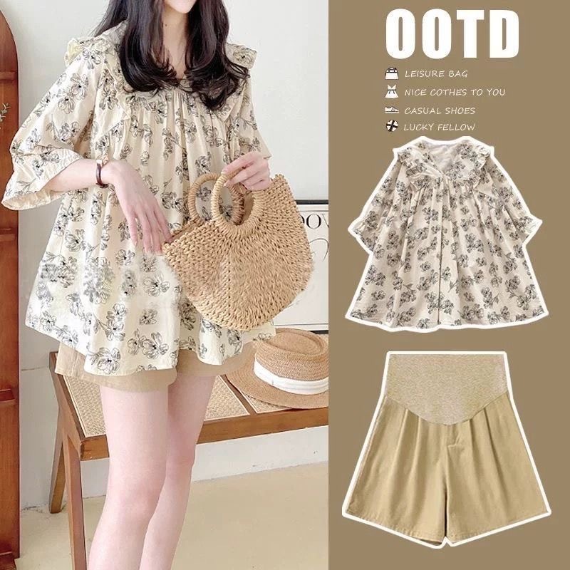 💏เสื้อผ้าคนท้องแฟชั่น🍑เสื้อแขนสั้นฟูฟ่องลายดอกไม้+กางเกงขาสั้นเอวยางยืด ใส่สบาย⭐️ชุดคนท้องน่ารัก