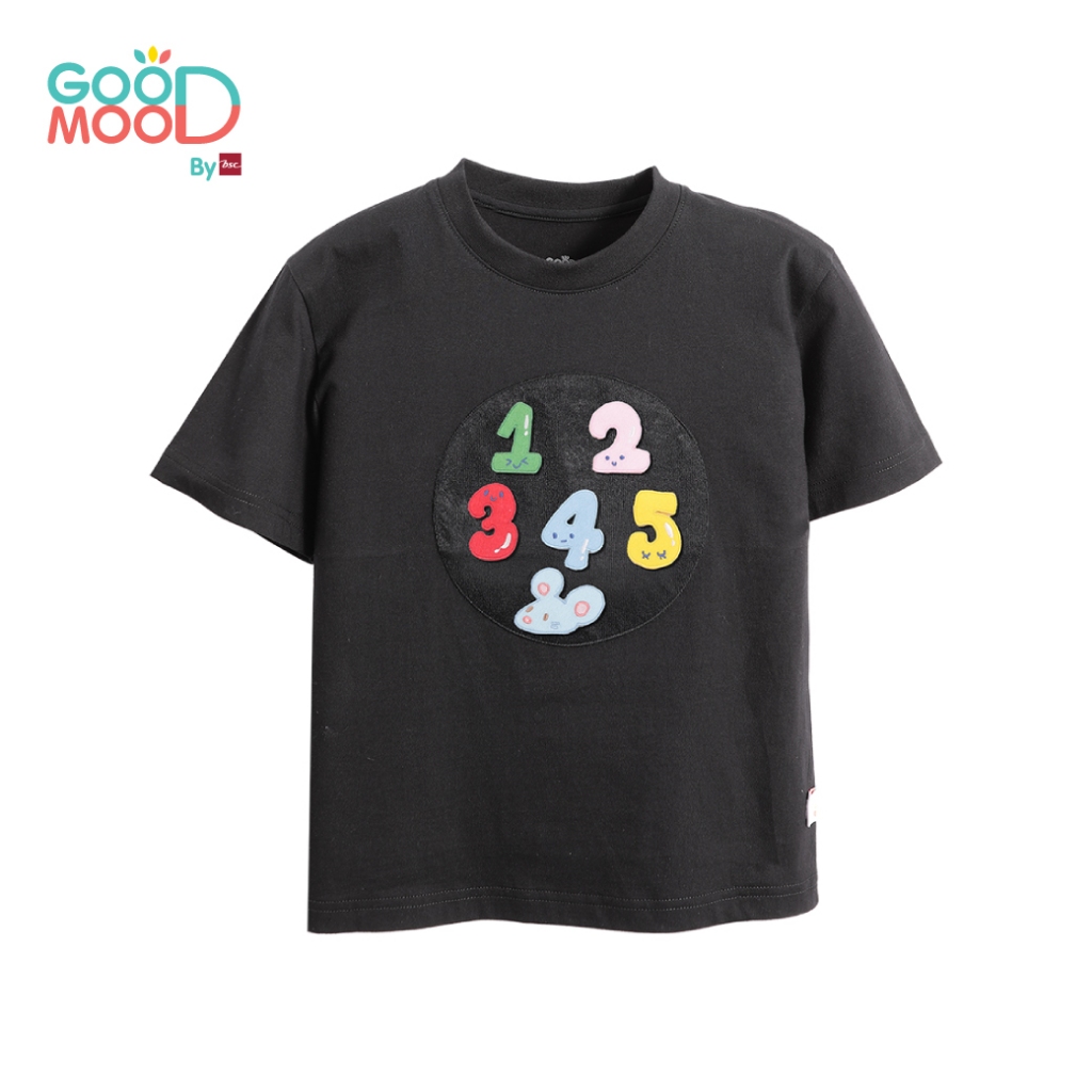 Good Mood by bsc เสื้อยืดคอกลม แขนสั้น สีดำ + PATCHES ลายตัวเลข 6 ชิ้น สำหรับเด็กอายุ 6-7 ปี ผ้าคอตตอน