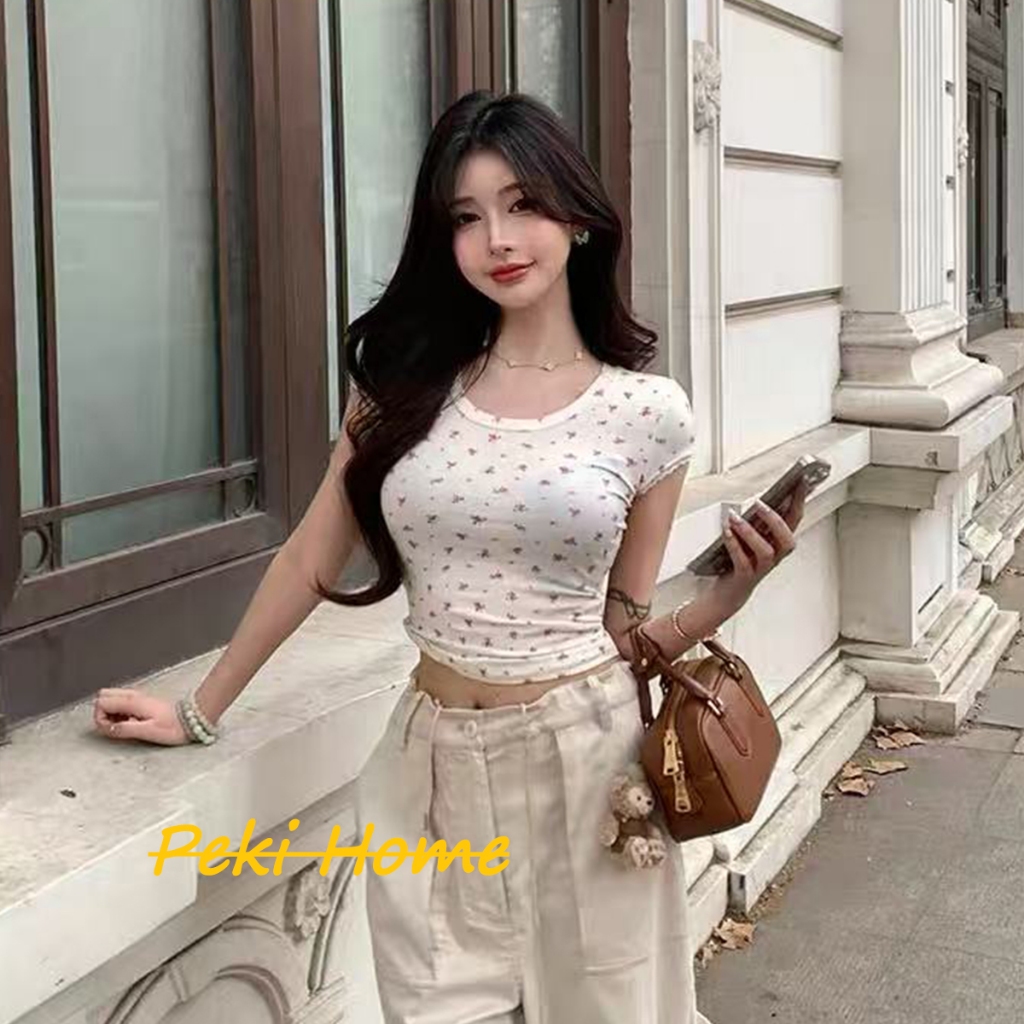 เสื้อยืดแขนสั้นลายดอกไม้ลูกไม้ สไตล์หวาน สำหรับฤดูใบไม้ผลิ