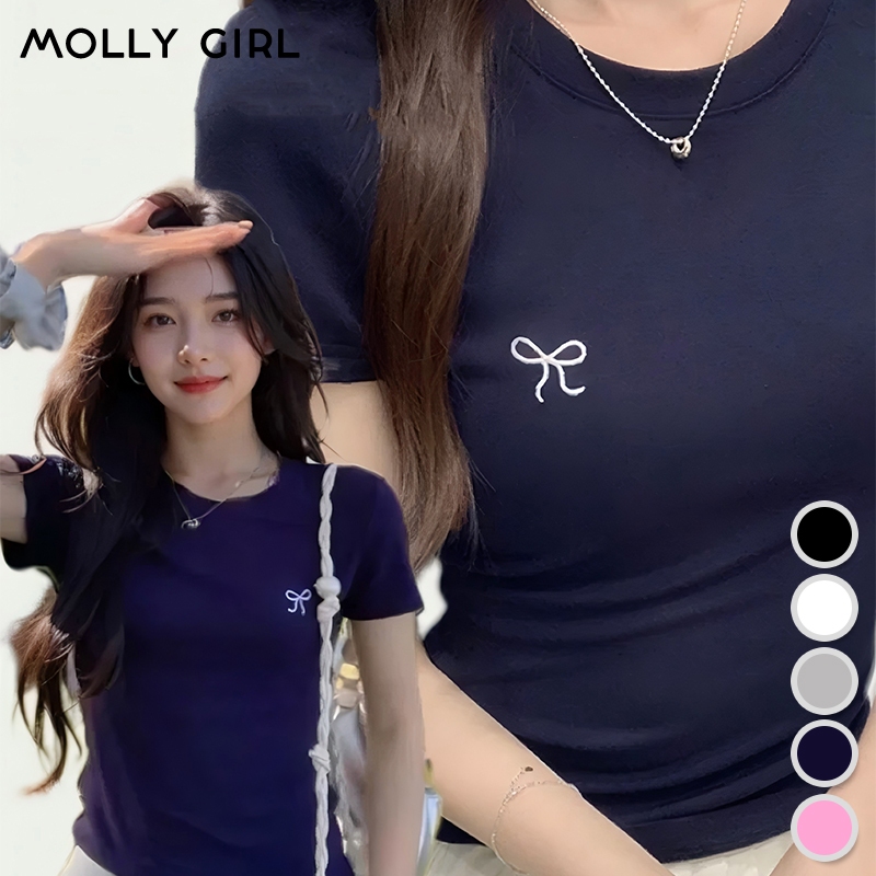 เสื้อยืดแขนสั้น เสื้อยืดแขนสั้นปักโบว์  งานปักโบว์คอกลม เสื้อยืดสั้นกระชับสัดส่วน ผ้าใส่สบาย เสื้อยืดผู้หญิง หลากสี