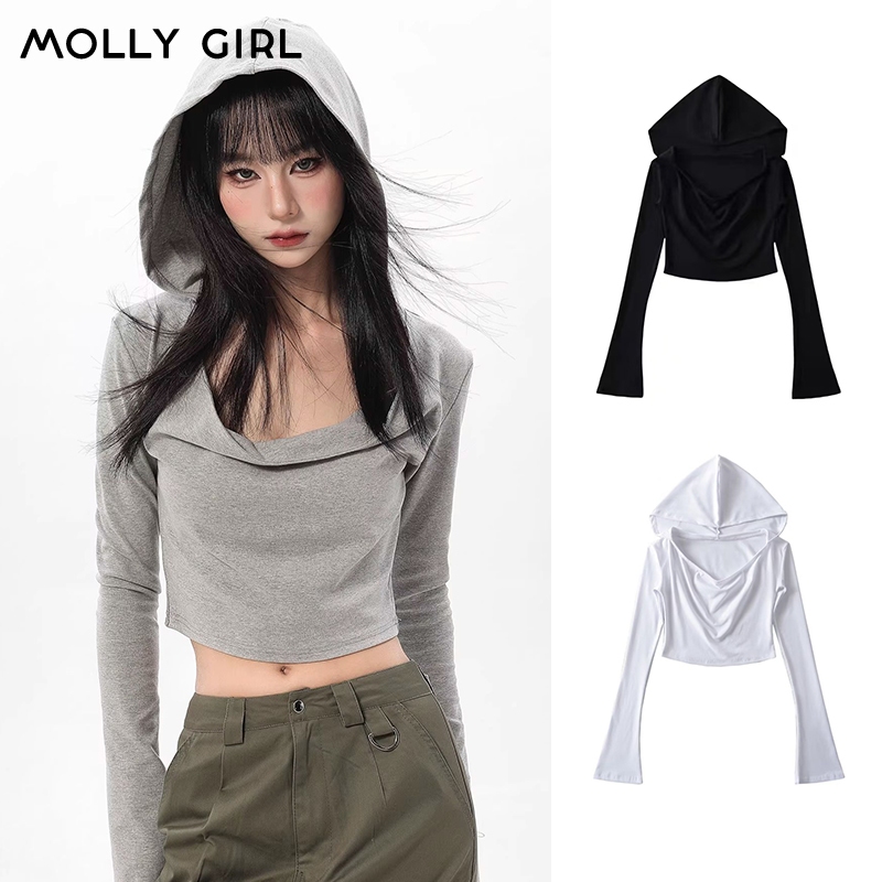 เสื้อครอปฮู้ดสีขาว แขนกระดิ่ง ทรงคอห้อย ไม่มีซับใน ผ้าซีทรู แขนกระดิ่งทรงคอห้อย แมทซ์กับเกาะอก ใส่เป็นเสื้อคลุมได้