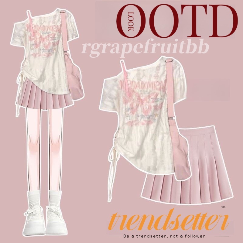ชุดเซท2ชิ้น เซ็กซี่เสื้อเปิดไหล่+กระโปรงพลีทสีชมพูม้ สวมใส่ได้หลากหลายวิธี แฟชั่นสไตล์เกาหลีเสื้อผ้าผู้หญิงไซส์ใหญ่S-2XL