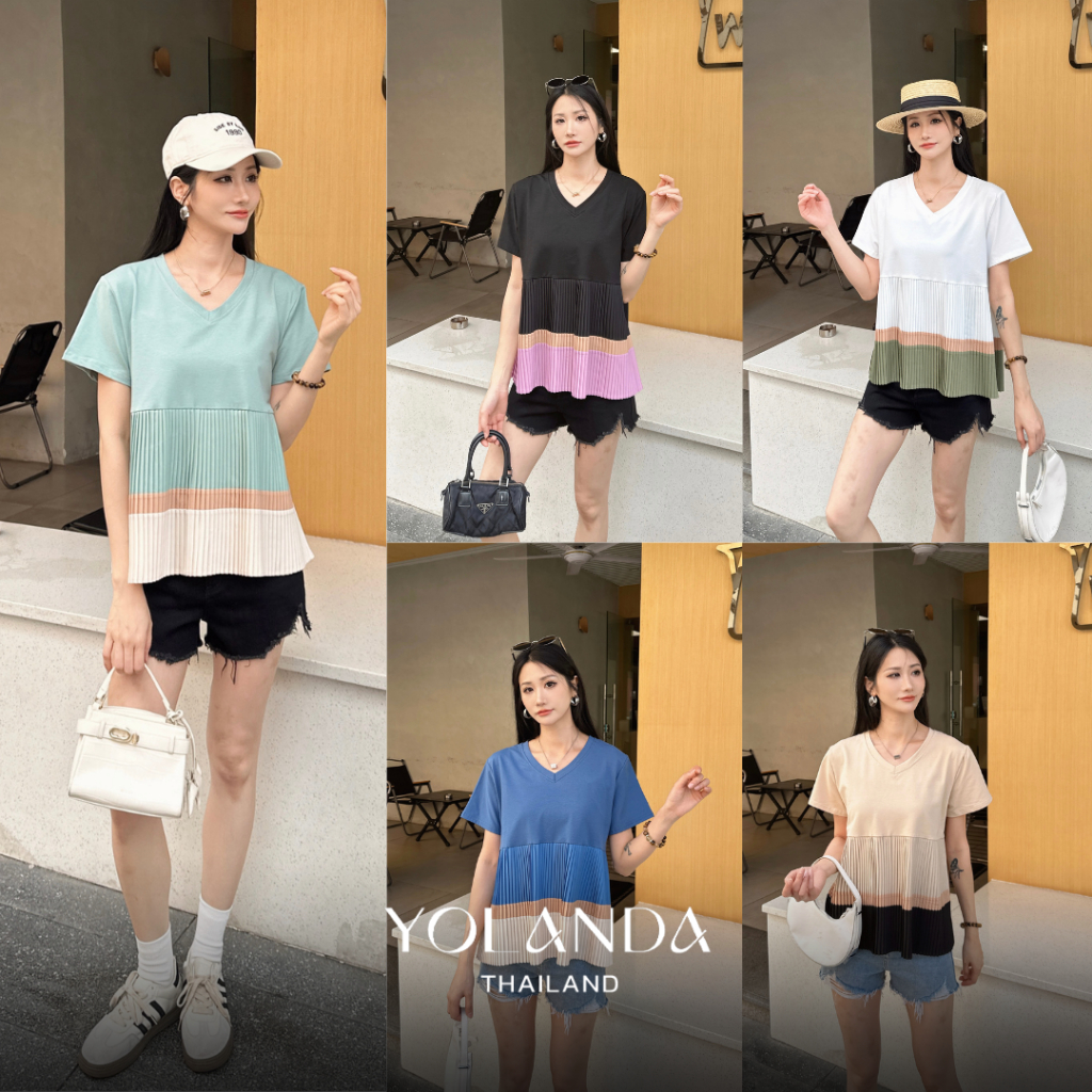 Yolanda เสื้อคอวี ชายอัดจีบพลีท สีทูโทน ผ้านุ่มใส่สบาย สาวอวบใส่ได้ ปิดพุงได้ดี HJ3916