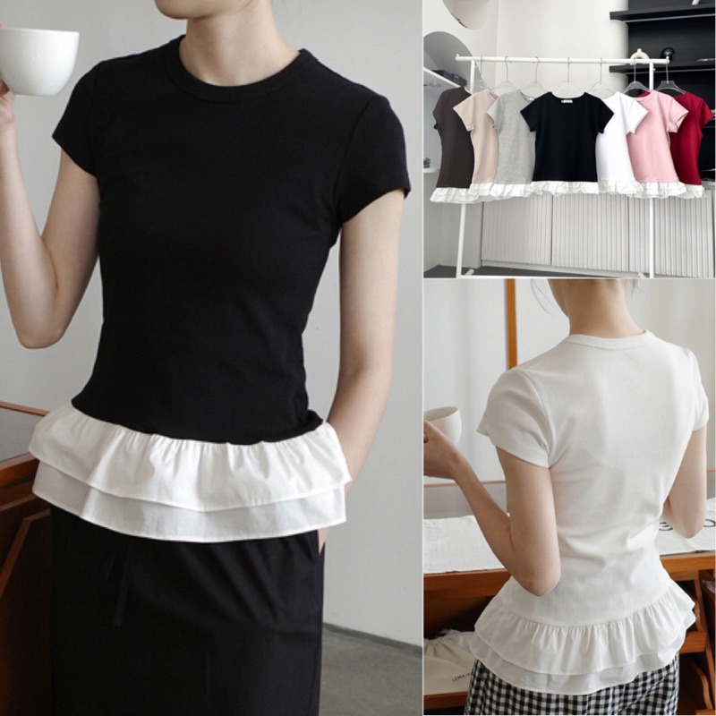 BaBee pc tshirt เสื้อยืดคอกลมผ้ายูแต่งชายระบาย 🤎พร้อมส่ง