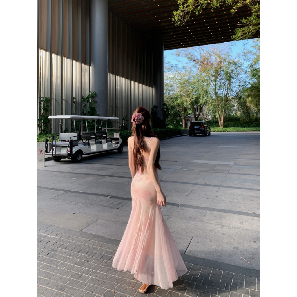 ชุดเดรสยาว เปิดไหล่ สีชมพู สายเดี่ยว อกแต่งลูกไม้ มีซับในเต็มตัว กระโปรงหางปลา ผ้าตาข่าย ซีทรู #8121 - รูปที่ 6