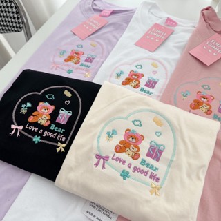 S346 เสื้อยืด oversize ผ้าคอตตอน ปัก หมีของขวัญ