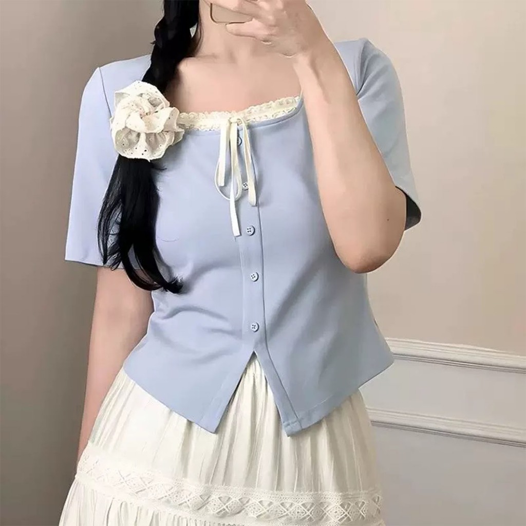 ขนาดใหญ่สี่เหลี่ยมลูกไม้ด้านหน้าไหล่เสื้อยืดแขนสั้นผู้หญิงฤดูร้อนไขมันเล็กน้อย mm บางด้านบนขนาดเล็ก