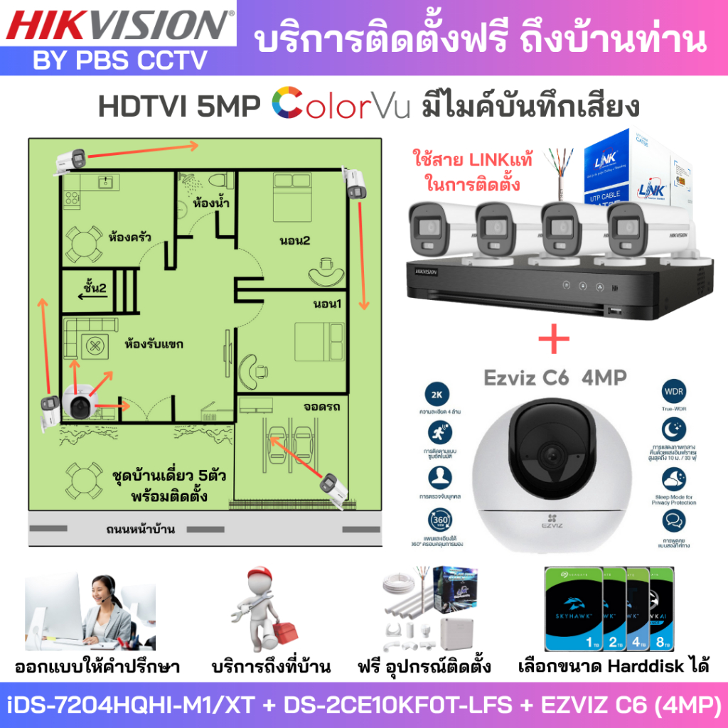 [ติดตั้งฟรี] ชุด5ตัว HIKVISION 5MP 3K บันทึกเสียง DS-2CE10KF0T-LFS + DS-2CE16D0T-LFS + EZVIZ C6[4MP]