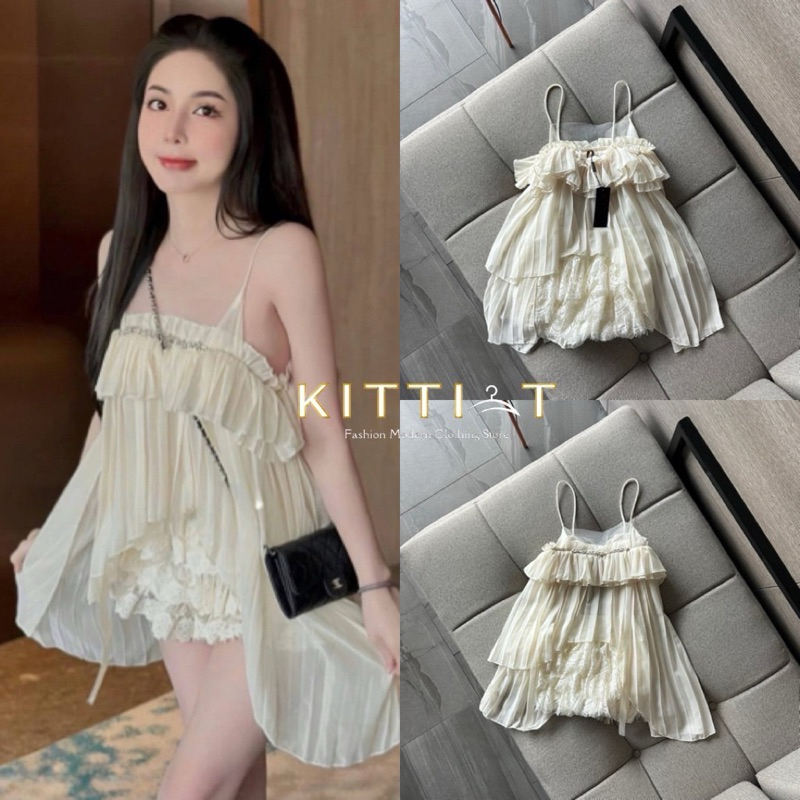 Brand:::KITTI_T(กิตติที )Code:::KT513 เซ็ตเนื้ิอผ้าอัดจีบพีทแต่งเพชรช่วงอก กางเกงขาจั้มแต่งผ้าลูกไม้เป็น กป/ชั้นๆ รอบตัว