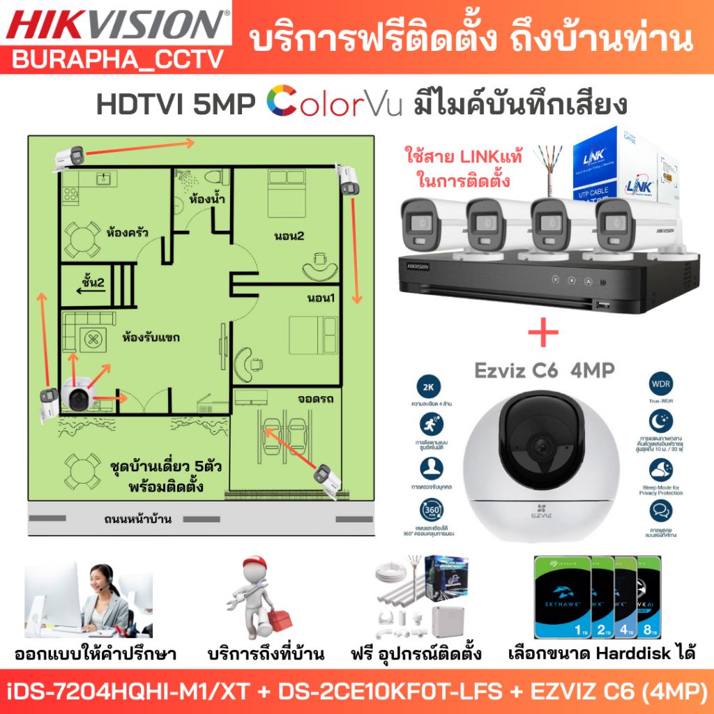 [ฟรีติดตั้ง] ชุด5ตัว HIKVISION 5MP 3K บันทึกเสียง DS-2CE10KF0T-LFS + DS-2CE16D0T-LFS + EZVIZ C6[4MP]
