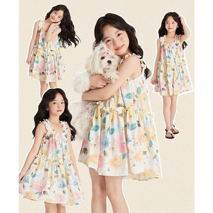 2-9 ปี ชุดเดรสเจ้าหญิง ชุดเดรสแขนกุด คอกลม พิมพ์ลายดอกไม้ สไตล์เกาหลี แฟชั่นฤดูร้อน สําหรับเด็กผู้หญิง