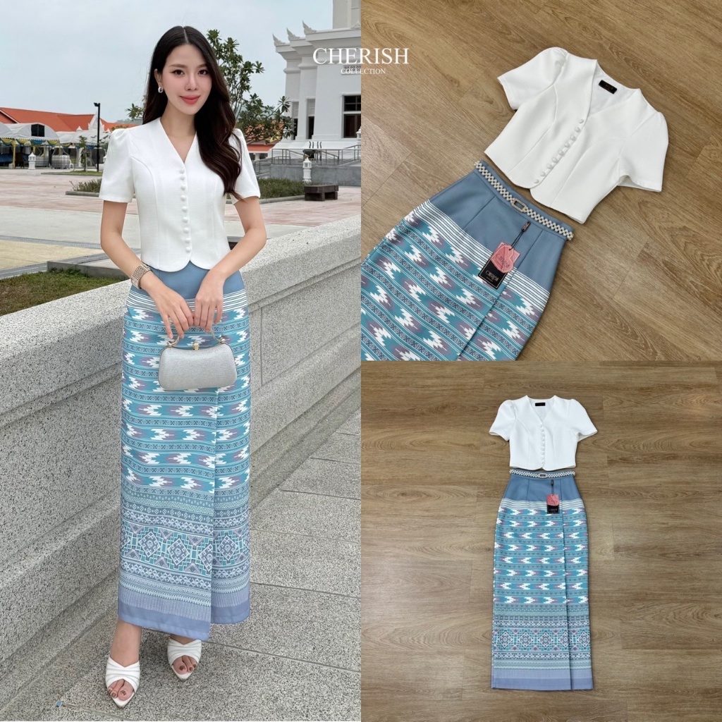 ❣️พร้อมส่ง📌 Cherish ชุดไทย เสื้อ+กระโปรง+เข็มขัดมุก ใส่ออกงาน งานบุญ งานบวช แฟนนาค งานแต่ง