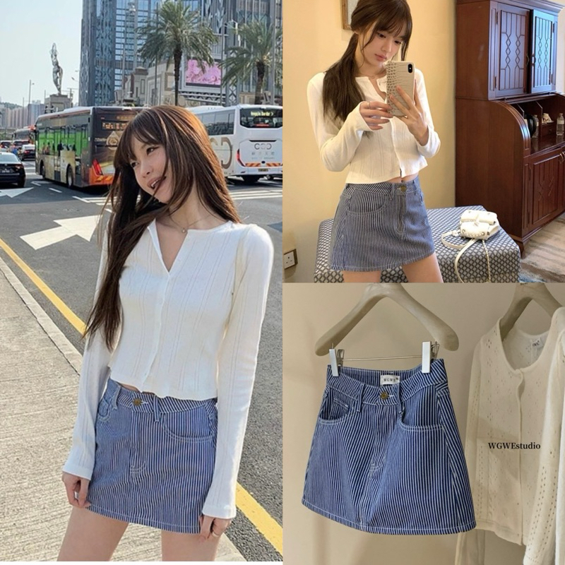 5665# กระโปรงสั้น ลายริ้ว ซับในกางเกง เนื้อผ้าดี งานสวย TAG:WG.WE 🇰🇷