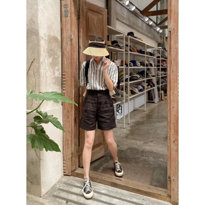 PLOWBRANDS-PS0004 Signature high-waist short กางเกงขาสั้นผ้าลินินแท้ กางเกงขาสั้นเอวสูง