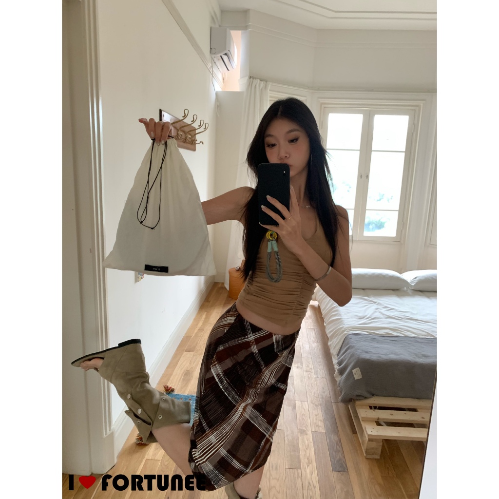 ❣Fortunee ❣ กระโปรงตรางลายสก็อตวินเทจผู้หญิง ทรงเข้ารูป พรางหุ่น แมตช์ง่าย ความยาวระดับกลาง