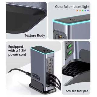 F8L 660W GaN Charger PD100 แฟลชชาร์จแท็บเล็ตโทรศัพท์มือถือเดสก์ท็อป 8 พอร์ต Multi-Charging Station