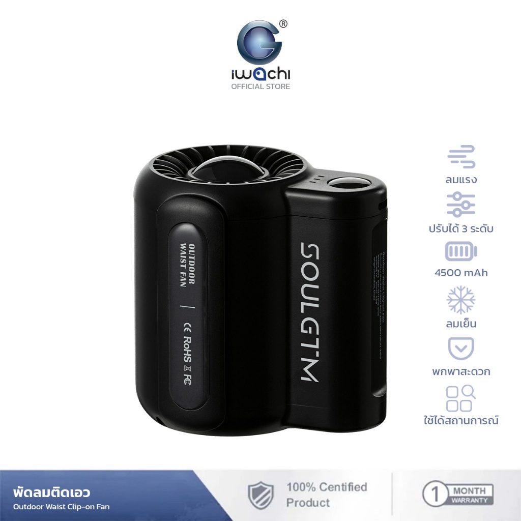 พัดลมหนีบเอวพกพา 4500mAh แรงลมเย็น ปรับได้ ชาร์จได้ กลางแจ้ง ตั้งแคมป์ ตกปลา ขี่จักยาน ติดตัว