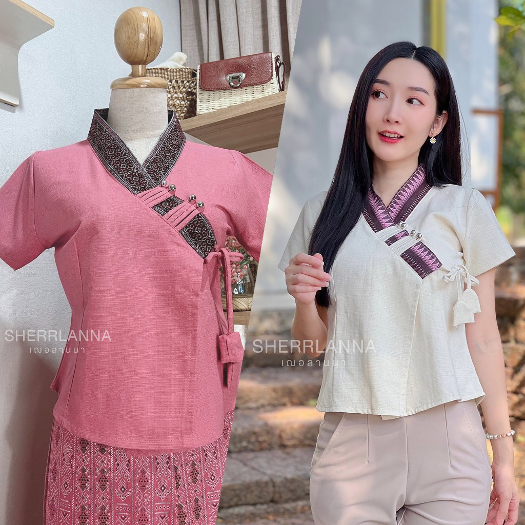 เสื้อผ้าฝ้ายพี้นเมืองคอวีป้ายผูกอกแต่งขอบผ้าทอ