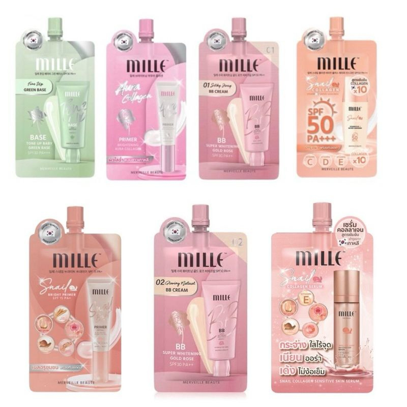MILLE ( 1 ซอง ) primer bb ครีมซองมิลเล่ super miacle skin cover /whitening gold rose BB snail primer