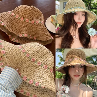 หมวกฟางลูกไม้ หมวกสีทึบกว ้ ปีกหมวกกว้าง🏖️ เครื่องประดับแฟชั่น สไตล์เกาหลี✨ ตัวเลือกหลากหลาย พร้อมส่งในไทย