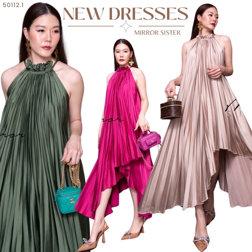 🎟️••MiRRoRSiSTER's La ViViéR PLeaTed DReSS••  เดรสผ้าซาตินPremiumแขนกุดอัดพลีททรงสวยหรูหรามาก ใช้ผ้าเยอะไม่มีหวง!!