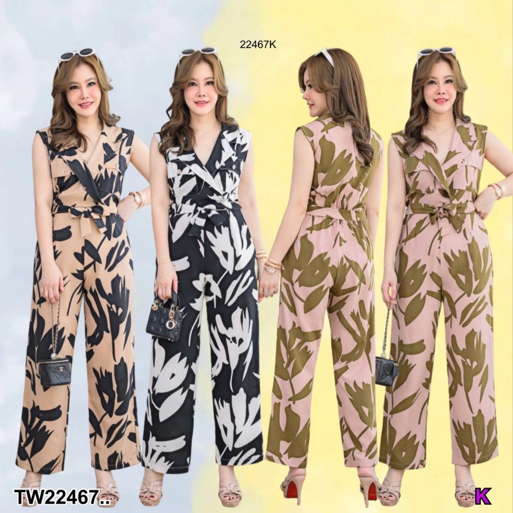 Jumpsuit #สาวอวบ จั้มสูทปกเทเลอร์ + สายผูก .. TW22467 TwinsShopVip พร้อมส่ง