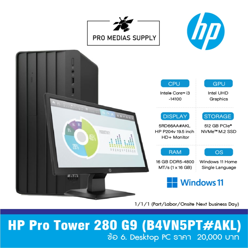 HP Pro Tower 280 G9 (B4VN5PT#AKL) ข้อ 6. Desktop PC ราคา  20,000 บาท