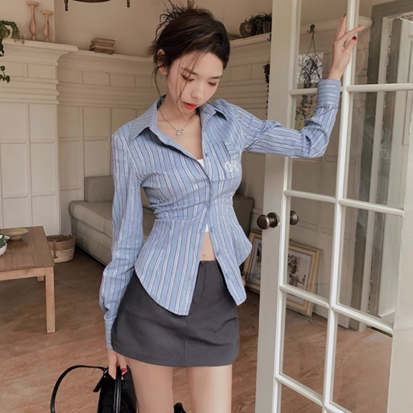 MKLเสื้อเชิ๊ตลายทาง  เข้ารูปดึงเอว ปักลาย สไตล์อเมริกัน สำหรับผู้หญิง แฟชั่นฤดูใบไม้ผลิ  #2325