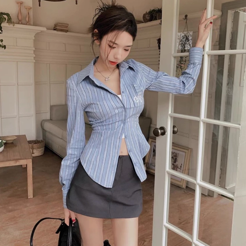 MKLเสื้อเชิ๊ตลายทาง เข้ารูปดึงเอว ปักลาย สไตล์อเมริกัน สำหรับผู้หญิง แฟชั่นฤดูใบไม้ผลิ #2325