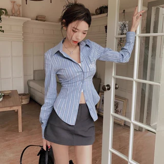 MKLเสื้อเชิ๊ตลายทาง เข้ารูปดึงเอว ปักลาย สไตล์อเมริกัน สำหรับผู้หญิง แฟชั่นฤดูใบไม้ผลิ #2325