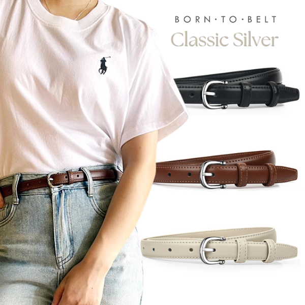 BornToBelt เข็มขัดหนังแท้ หัวเงิน เข็มขัดผู้ชาย เข็มขัดผู้หญิง เอวใหญ่ Classic Silver